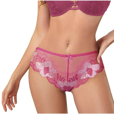 

YYDGH Women s Briefs Scalloped Lace Hipster Thong Panties Bow Sexy Underwear Hot Pink M