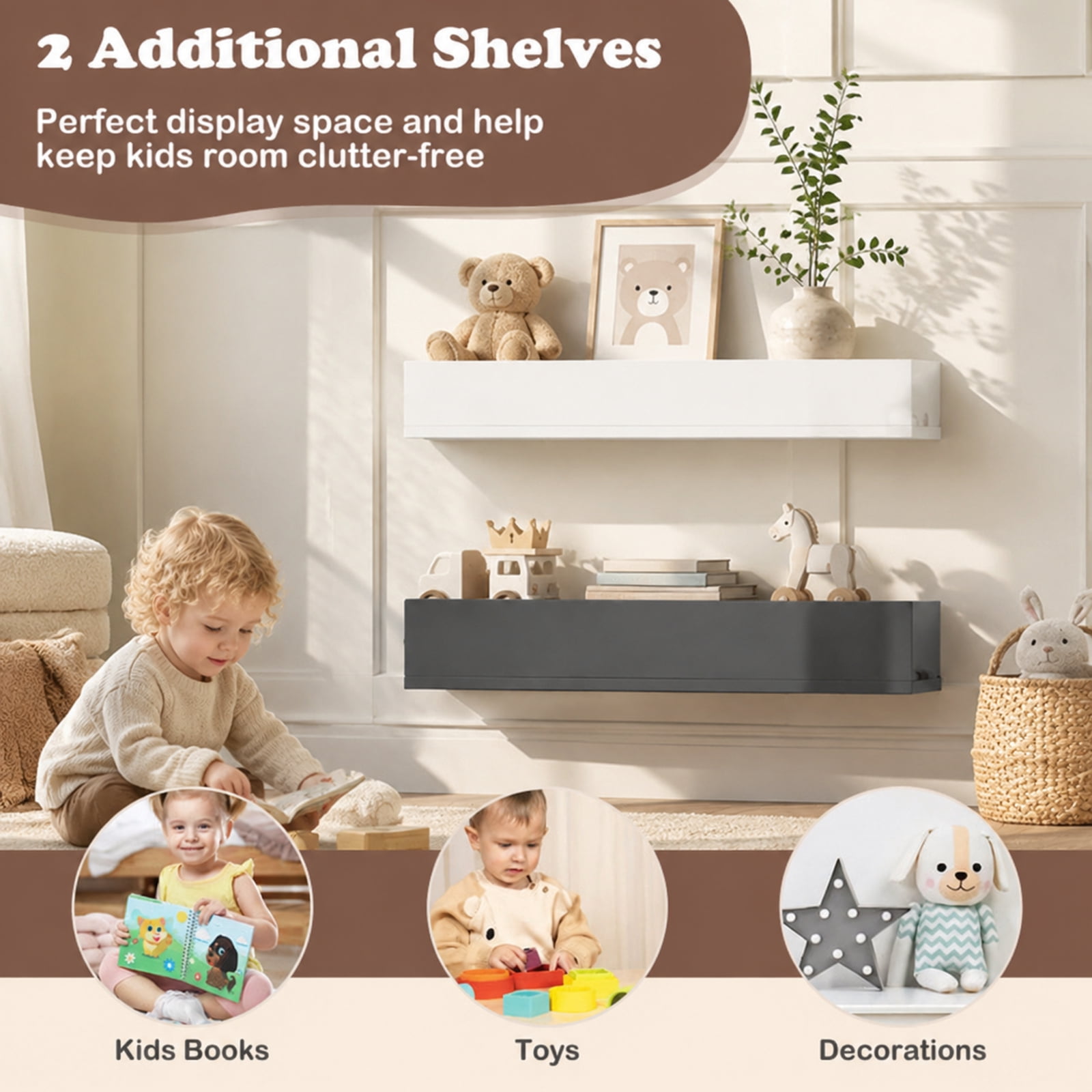 Furnibear Gray and White Twin Wood House Floor Bed Montessori Frame with 2 Shelves and High Guardrails, a Low Profile Twin Size Loft Bed and Full Size Bed Frame Alternative to a Queen Bed Frame