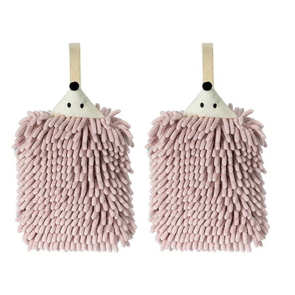 CuiLiyq 2 Pcs Cute Double Sided Animal Chenille Towels, Hanging Hand Drying Towel with Button Loop, Absorbent Towels for Bathroom Kitchen and Bedroom, 7.87" x 5.9", Pink