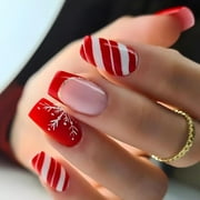 Christmas Press on Nails Square Medium Fake Nails with Snowflake Red White Stripes Pattern, Winter Xmas Design False Nails with Glue Full Cover Artificial Acrylic Nails -24pcs ALT1