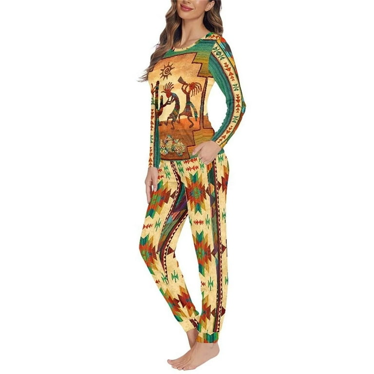 Pzuqiu Softest Sleepwear for Women Pajama Set 2 Pack Petite Nightwear Size XL Fall Winter Outfits Kokopelli Southwest Aztec Print Lightweight PJ
