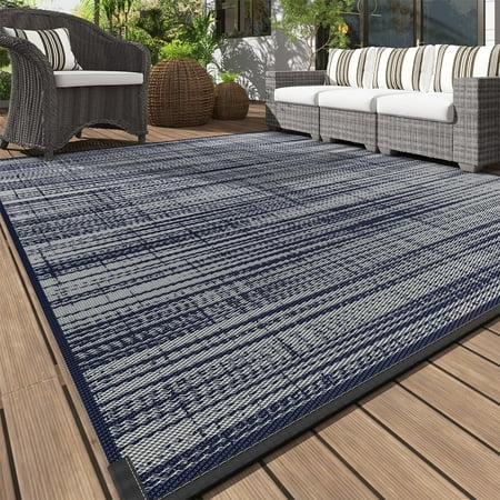 VUNATE Outdoor Rug Carpet 9 x12  Waterproof Reversible Patio Rug Portable Modern Abstract Indoor Outdoor Rug Plastic Straw Rug for RV Camping Garden Picnic Deck Backyard Porch Decor Blue and Gray