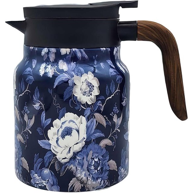 Vintage Floral Pattern Tea Thermo Built-in Infuser, 34 oz Tea Thermo with Infuser and Lid, Stainless Steel Mini Hot Coffee Pot for Home Office Kitchen (Style E)