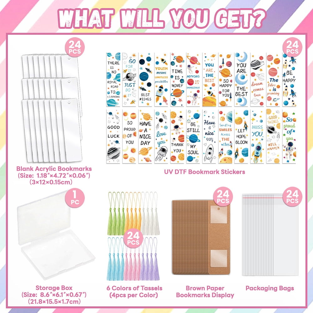 DIY Space Theme Mixed Pattern Paper Bookmarks Making Kits with Plastic Stickers Acrylic Bookmark Polyester Tassel Mixed Color for DIY