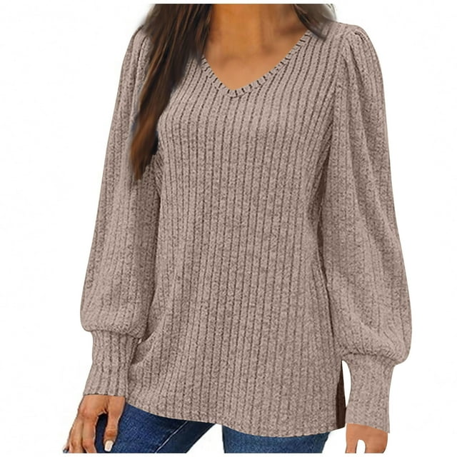 Tqyyweavej T-Shirts à Manches Longues pour Femmes, Col en V, Coupe Ample, Style Tunique-5