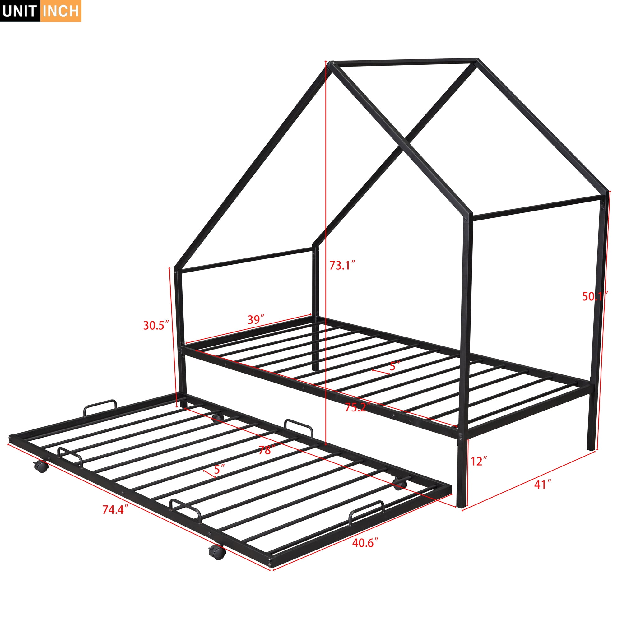 Gewnee Metal House Bed With Trundle,Kids Twin Size House Shaped Platform Bed Frame,Black