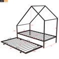 thumbnail image 3 of Twin Size House Bed with Trundle Bed and Casters, Metal Platform Bed Frame with Roof and Slats Supports, Low House Bed for Kids Adults Bedroom, Mattress Not Included, Black, 3 of 7