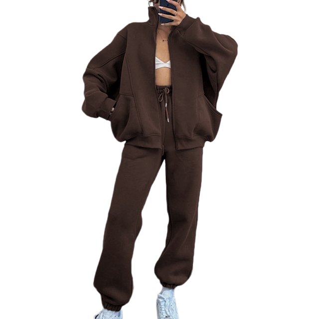 Innerwin Two Piece Outfit Long Sleeve Women Sweatsuits Jogging Solid Color Casual Tracksuit Sets Coffee 2XL