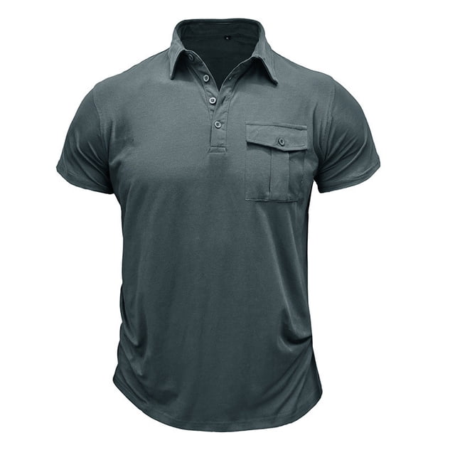 Mens Camisas de Manga Corta Color Sólido Botón de Solapa Bolsillo Turndown Collar Blusa para Negocios Informales