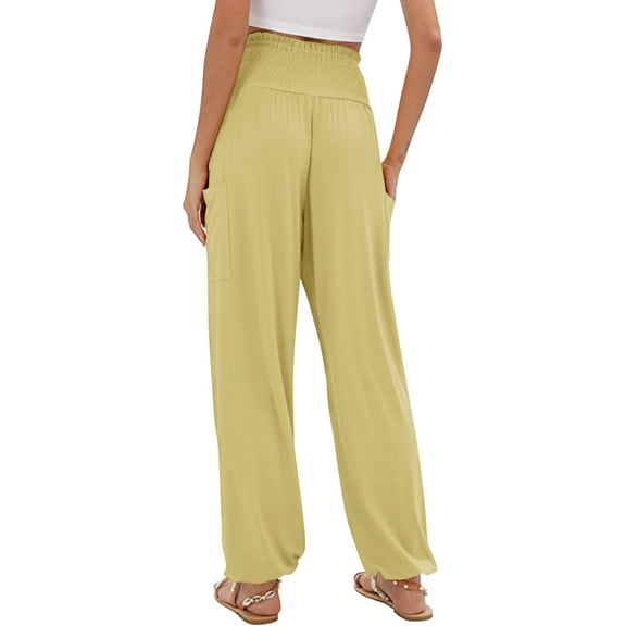 Womens Pants Ladies Solid Color Pocket Waist High Waist Loose Casual Leggings Long Pants