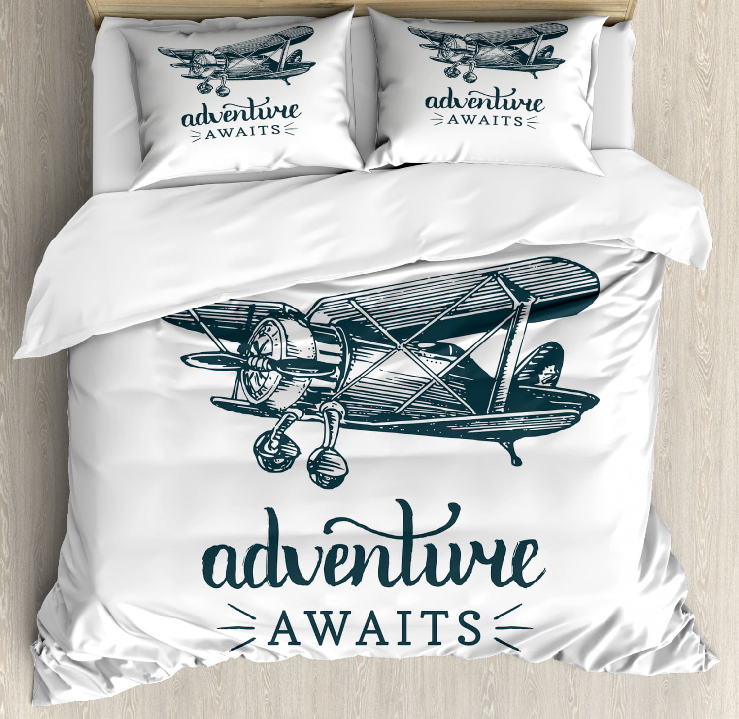 Adventure Awaits Duvet Cover Set Queen Size Vintage Airplane With