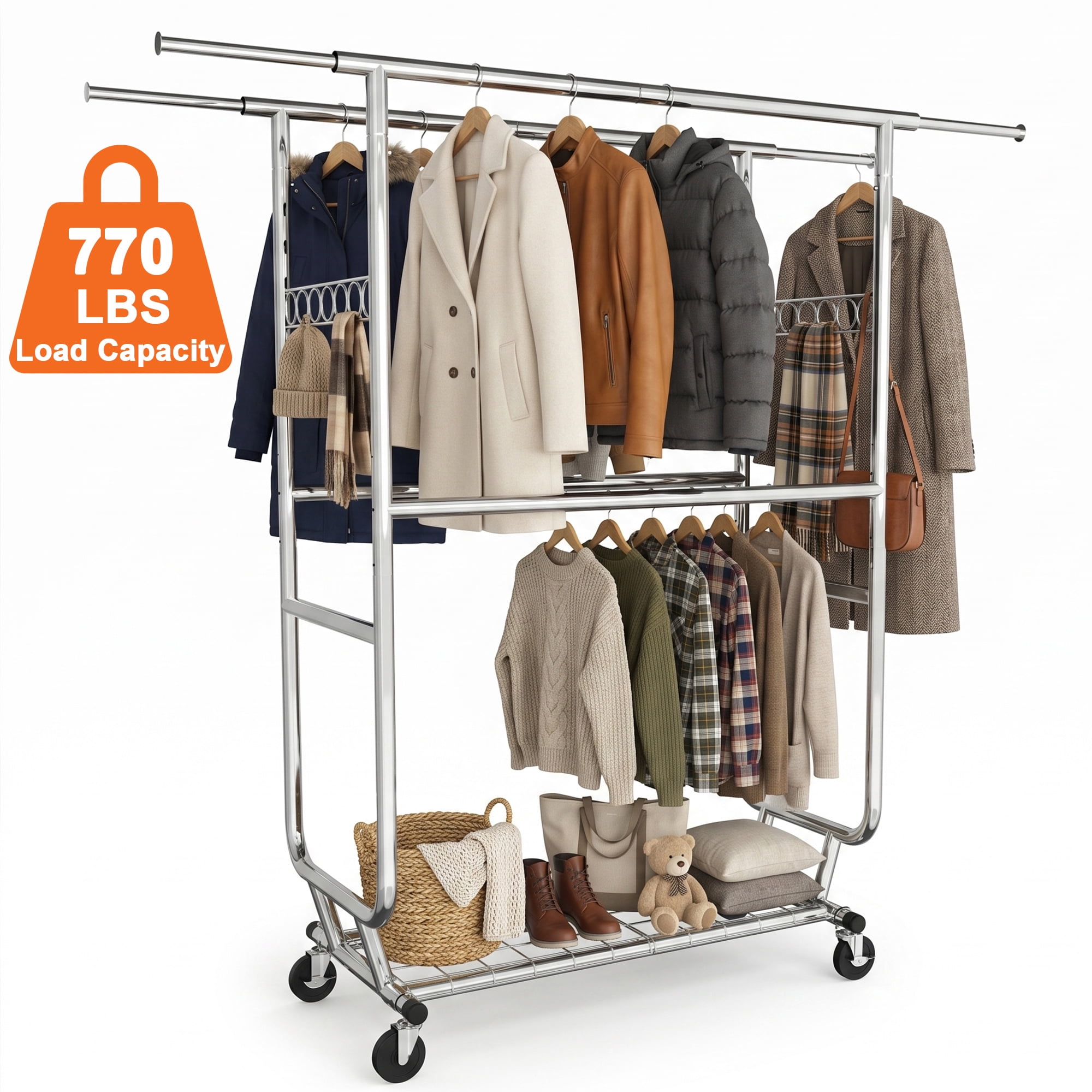 Heavy Duty Clothes Rack with Wheels, 770 LBS Rolling Garment Rack, Adjustable, 75", Silver