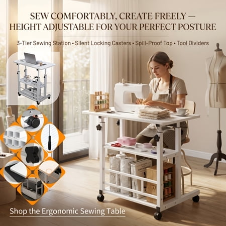 Adjustable Height Mobile Craft Table with Double Storage Shelves 360° Silent Rolling Wheels Portable Multifunctional Sewing & Knitting Workstation Black & White for Bedroom Study Living Room