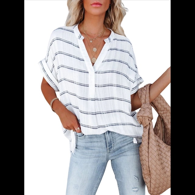 Blusas Formales Informales para Mujer, Camisas de Trabajo, Camisas con Botones, Camisetas de Corta con Cuello en V Raya L