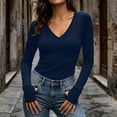 thumbnail image 3 of DISKEBUISS Women's V Neck Long Sleeve Fitted T-Shirt Stretchy Slim Basic Top with Thumb Holes for Daily Layering, 3 of 8