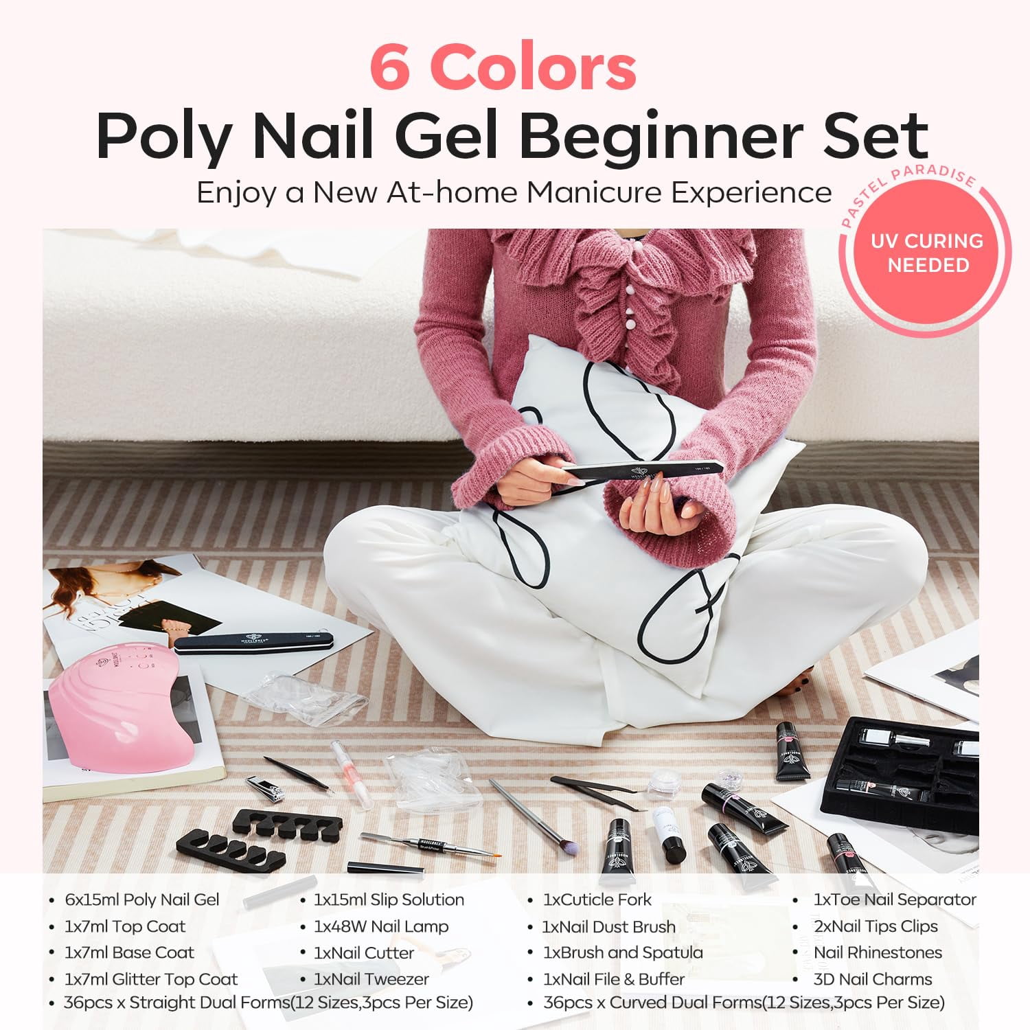Modelones Poly Extension Gel Nail Kit, 6 Colors Pink Nude with 48W U V/LED Lamp Slip Solution 3D Bow Pearl Charms Decoration Rhinestone Glitter Tools for Manicure Beginner Starter Kit DIY at Home