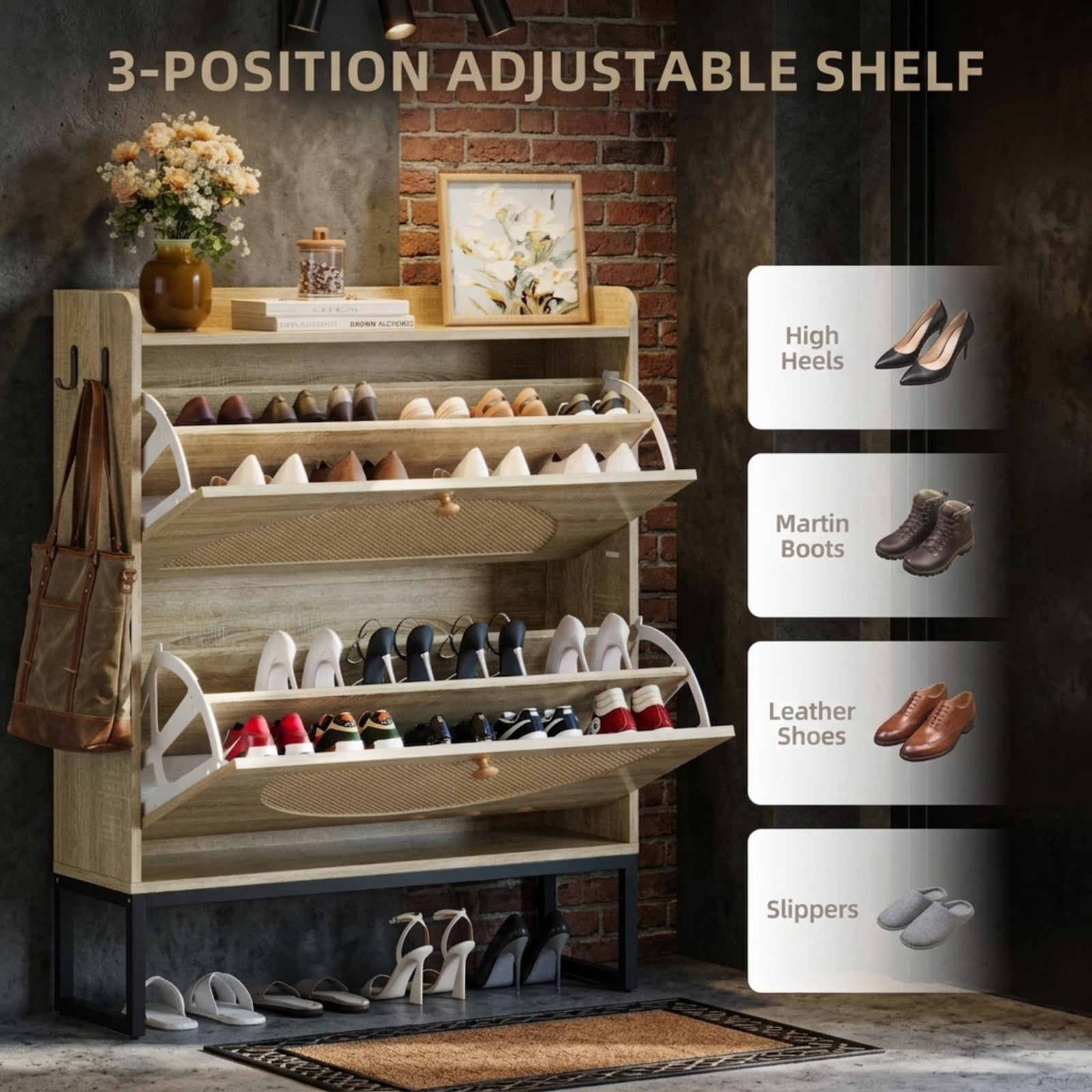 Fenbeli Shoe Cabinet with Woven Rattan Doors, Slim Natural Wood Organizer with Adjustable Shelves, Freestanding Shoe Storage for Entryway Hallway and Bedroom