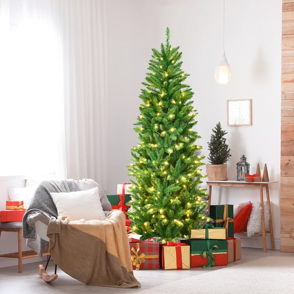 Gymax 6 ft Pre-lit Pencil Christmas Tree Hinged Fir Tree Holiday Decor w/ LED Lights