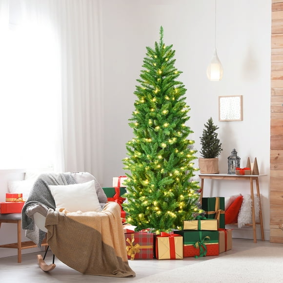Gymax 6 ft Pre-lit Pencil Christmas Tree Hinged Fir Tree Holiday Decor w/ LED Lights