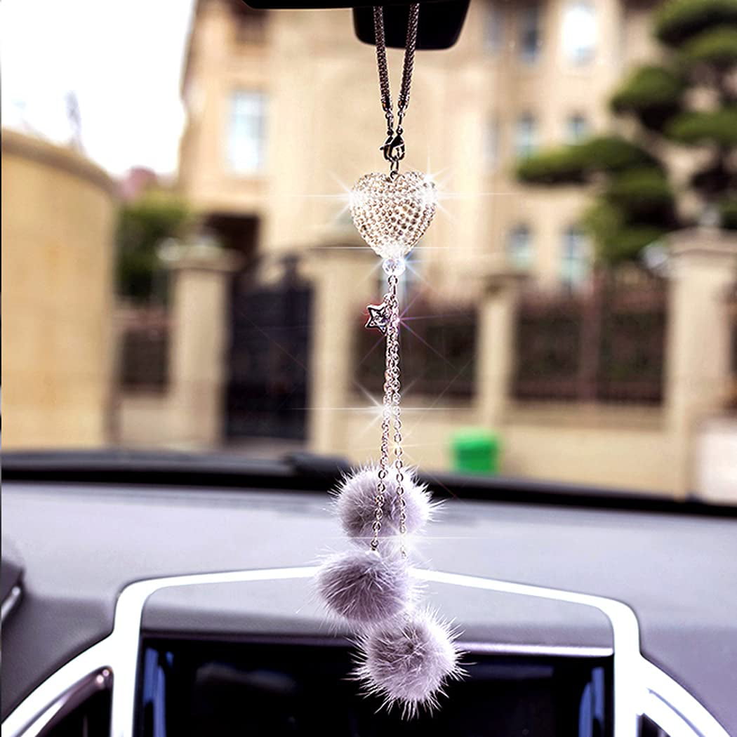 Car Mirror Accessories - Love Heart And Pink Plush Ball Rhinestones Diamond  Car Accessories - Crystal Car Rear View Mirror Charms - Lucky Hanging Acce