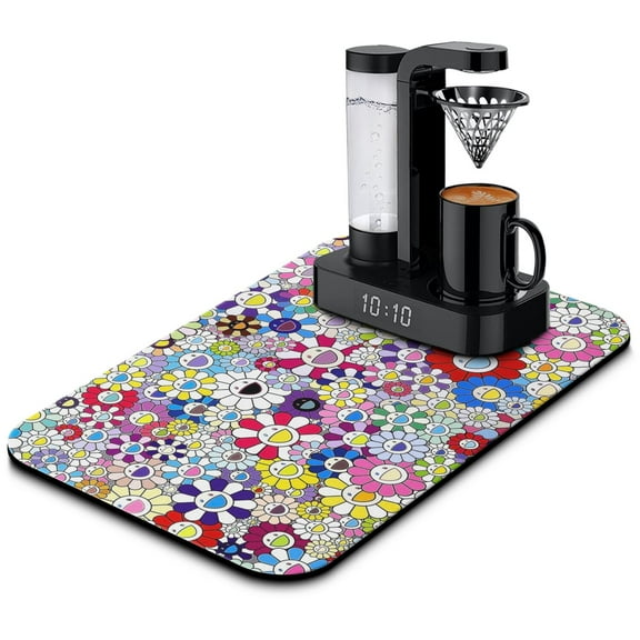 Washable Rubber Daisy Cute Floral Dish Drying Mats for Kitchen Counter Home Large Coffee Bar Pad Accessories and Decor for Utensils Stemware 19.5''x12''