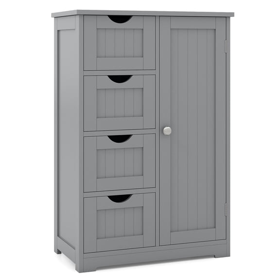 Gymax Bathroom Floor Storage Cabinet Wooden Freestanding Bathroom Storage Unit w/1 Door & 4 Drawers Grey