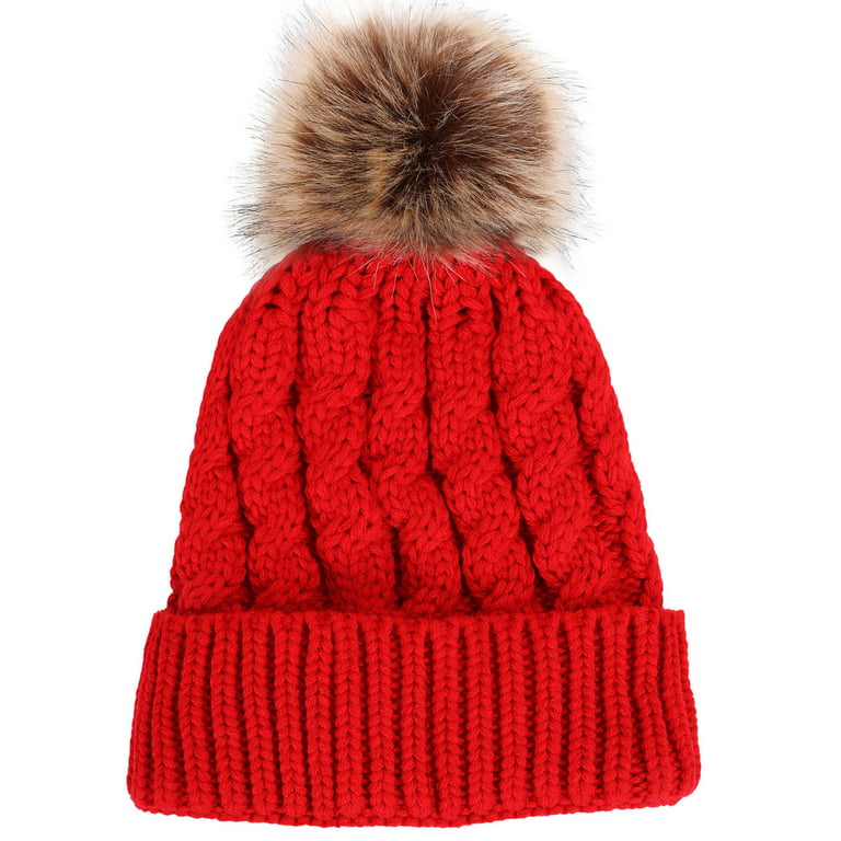 Women's Winter Soft Knit Beanie Hat with Faux Fur Pom Pom,Red