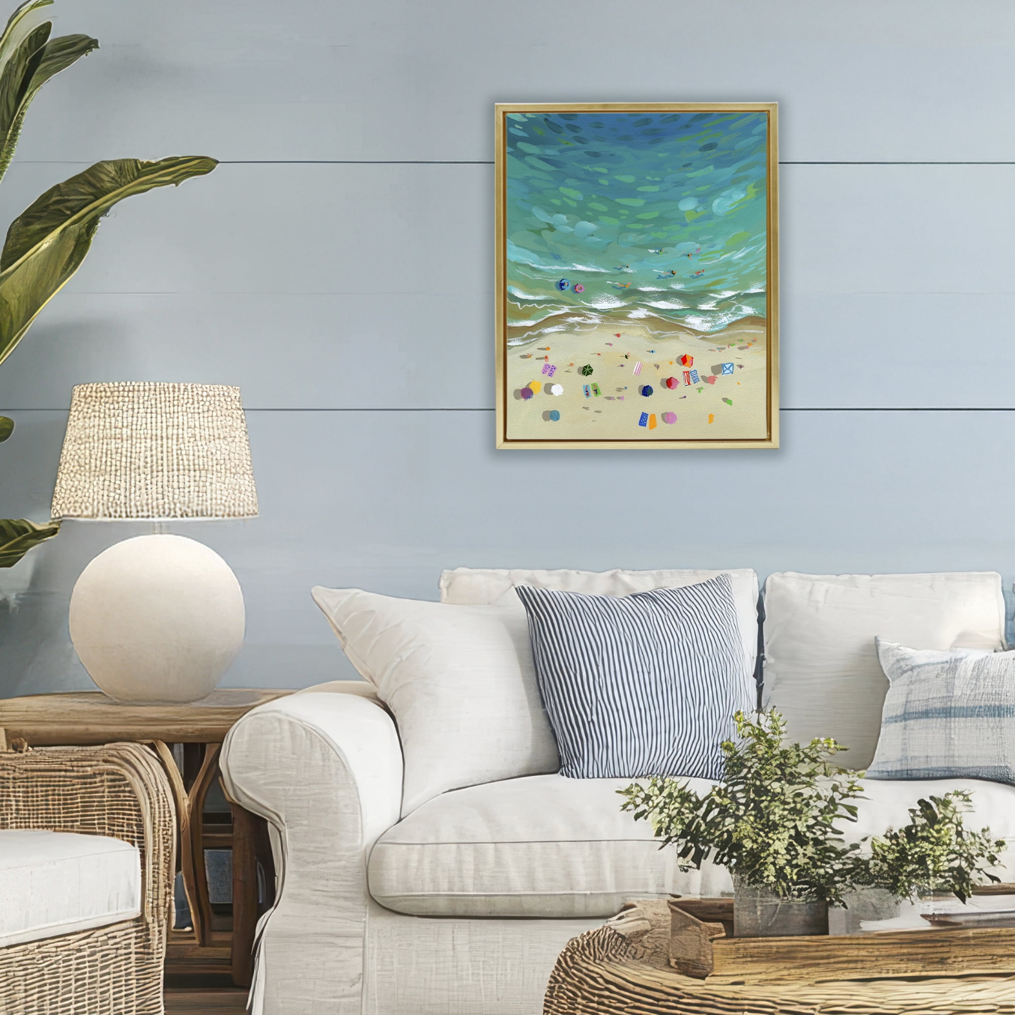 Stupell Industries Aerial Beachside with Umbrellas Gold Framed Floater Canvas Wall Art, design by Brook Page