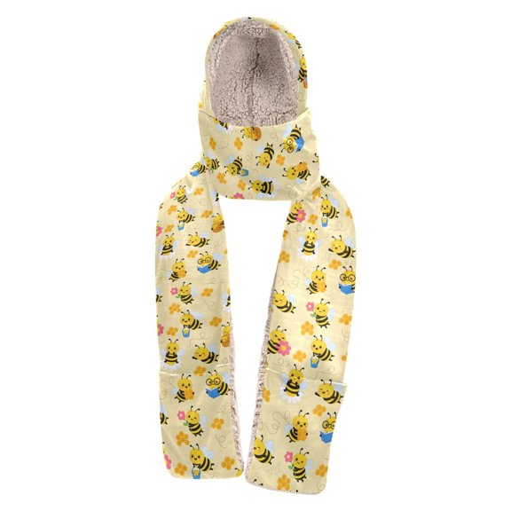 BZSMCE 3‑in‑1 Hooded Scarf with Pockets Soft Plush Lined Winter Hat Scarf Gloves Combo Bee Cute Print Warm Neck Wrap for Outdoor Skiing Walking