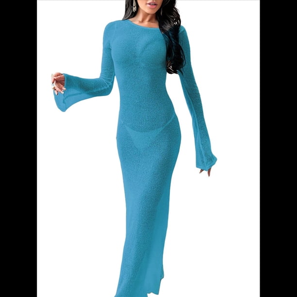 Vestido de Crochet para Mujer, de Larga, de y Espalda Abierta, Tejido de Punto Azul y Verde S