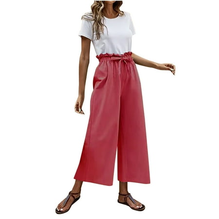 

YanHoo Women s Baggy Linen Pants Loose Wide Leg Bandage Ruffle Waist Trouser Solid Casual Ladies Pants