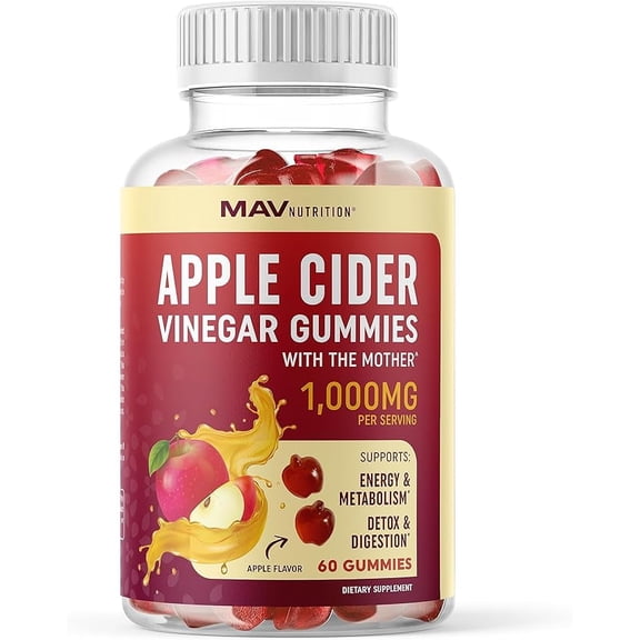 MAV Nutrition Apple Cider Vinegar Gummies with The Mother, Apple Cider Vinegar Dietary Supplement, Vegan, Non-GMO, Gluten-Free, 500mg, 60 Ct