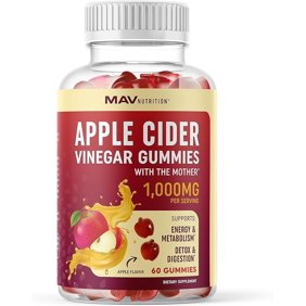 MAV Nutrition Apple Cider Vinegar Gummies with The Mother, Apple Cider Vinegar Dietary Supplement, Vegan, Non-GMO, Gluten-Free, 500mg, 60 Ct