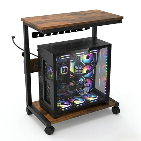 Adjustable 2-Tier Computer Tower Stand with USB Charging ATX-Case Mobile CPU Holder Cart Locking Retro Color US Standard Retro Color