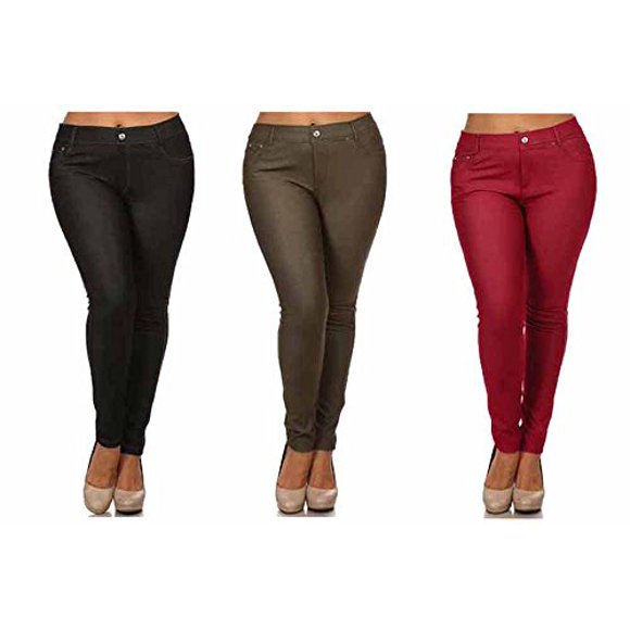 Yelete Women's Plus Size Cotton Blend Stretchy Jeggings with 5 Pockets (XXL, Black/Olive/Burgundy)