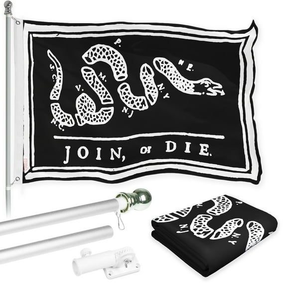 G128 Combo Pack: Flag Pole 6 FT Silver Tangle Free & Join or Die Black Flag 3x5ft 150D Printed Polyester
