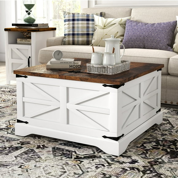 Oneinmil Farmhouse Coffee Table, Square Wood Center Table with Large Storage Space, Metal Corners for Living Room, White