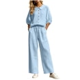 thumbnail image 2 of Zynoxe Summer Outfits for Women Stylish Collared Button Down 3/4 Sleeve Tops Drawstring Waist Pants Suit Plus Size Casual Solid Color Womens Two Piece Sets Breathable Lounge Set With Pockets M, 2 of 8
