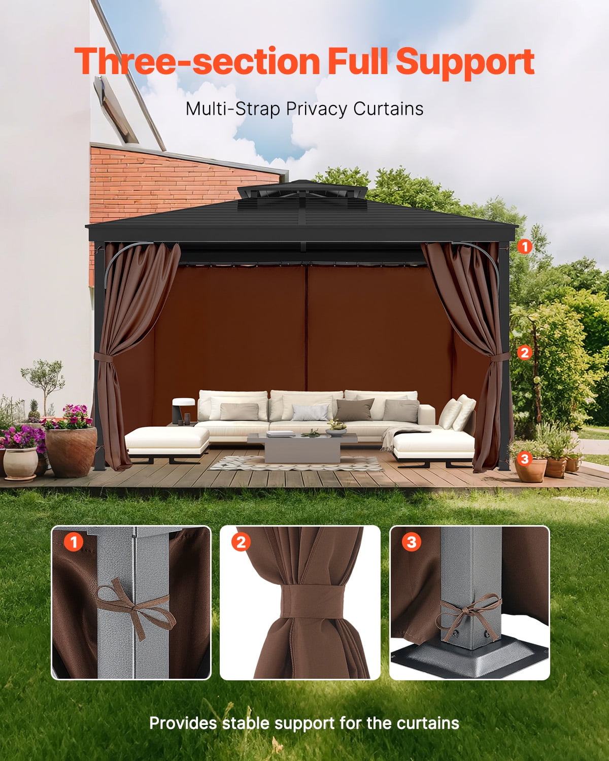 VEVOR Gazebo Curtains Outdoor, Fit Most 10' x 10' x 6.9' Gazebos, 4-Panel Sidewall Gazebo Privacy Curtains with Zippers, Outdoor Curtain Replacement for Patio Canopy, Only Curtain, Coffee