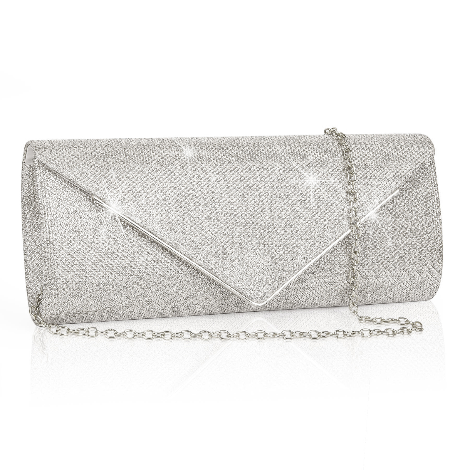 Evening Clutch Purses, Sparkling Envelope Evening Bag with Detachable Chain, Clutch Purses For for Prom Party Wedding Engagement, Silver