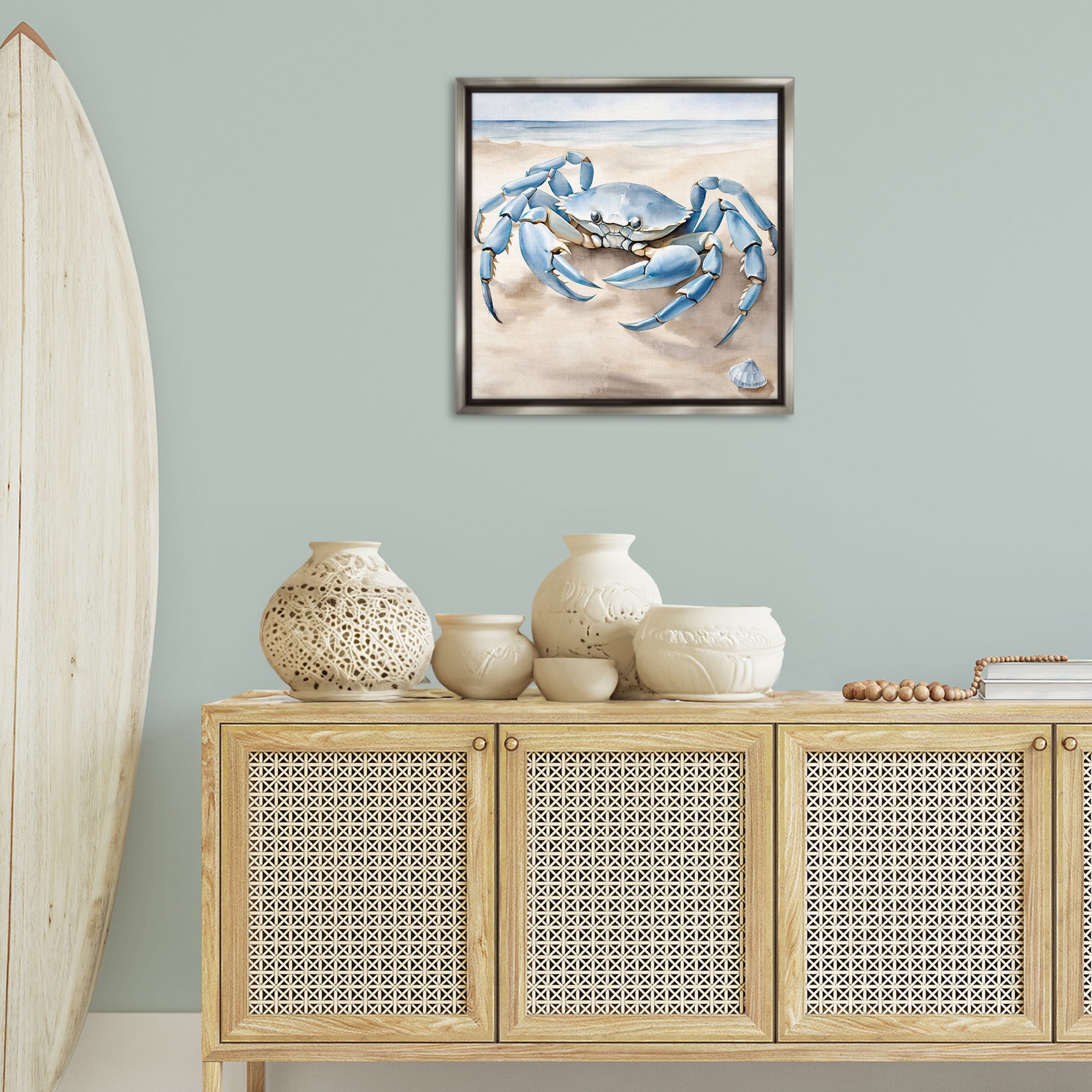 Stupell Industries Blue Crab on Beach Animals & Insects Painting Gray Floater Framed Canvas Art Print Wall Art, 25 x 25
