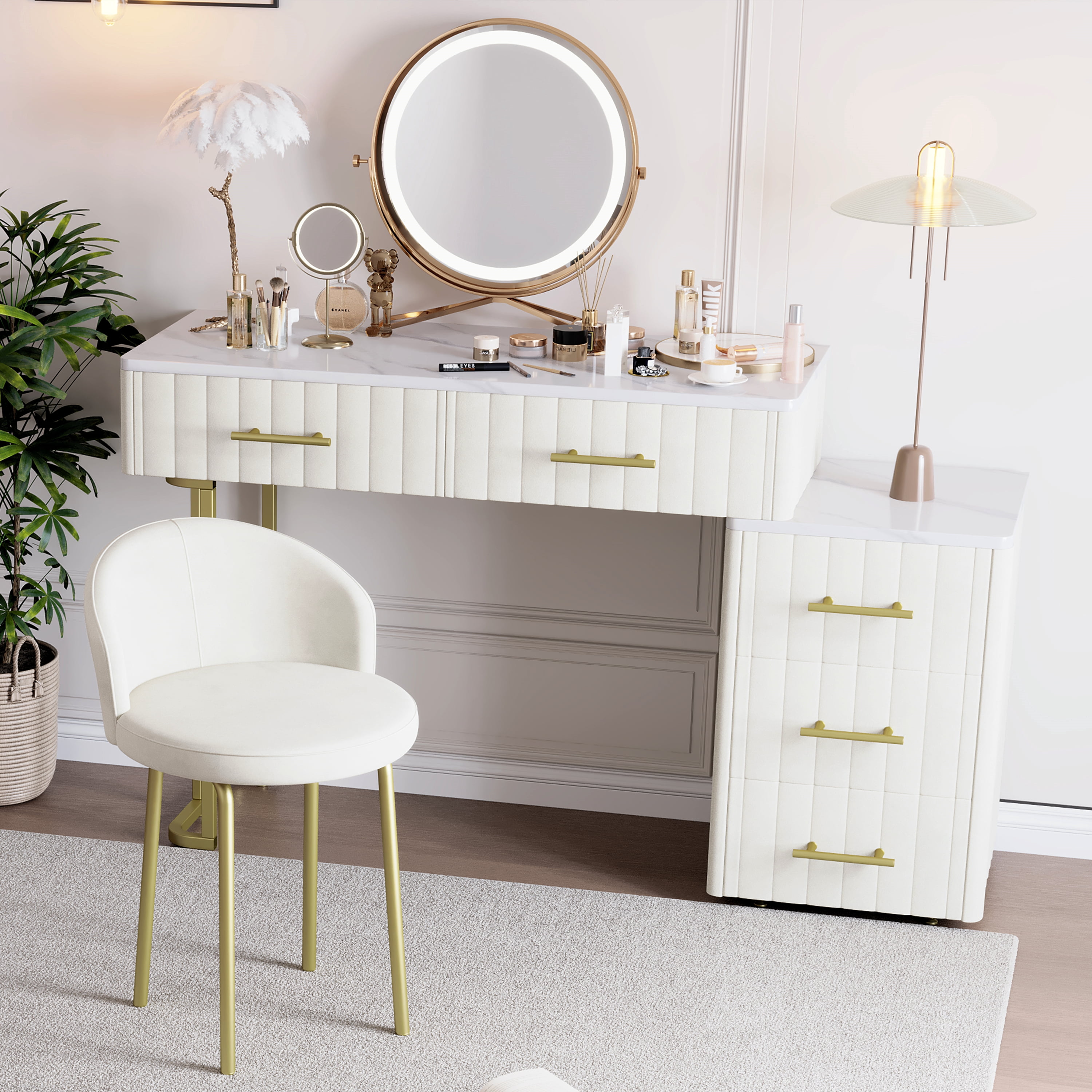 Euroco Upholstered Vanity Desk with Chair, Adjustable 5-Drawer Storage, Marble-Look Top & Gold Legs – 55” Makeup Table with Velvet Finish for Bedroom or Dressing Room