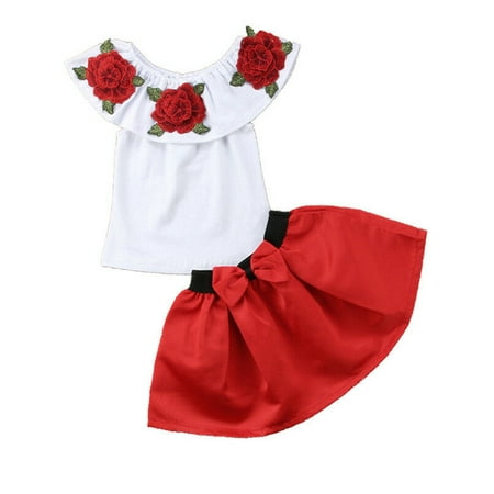 

Gwiyeopda Toddler Kids Baby Girl Off Shoulder 3D Rose Flower Blouse Top Dress Skirt Outfit 2-7Y
