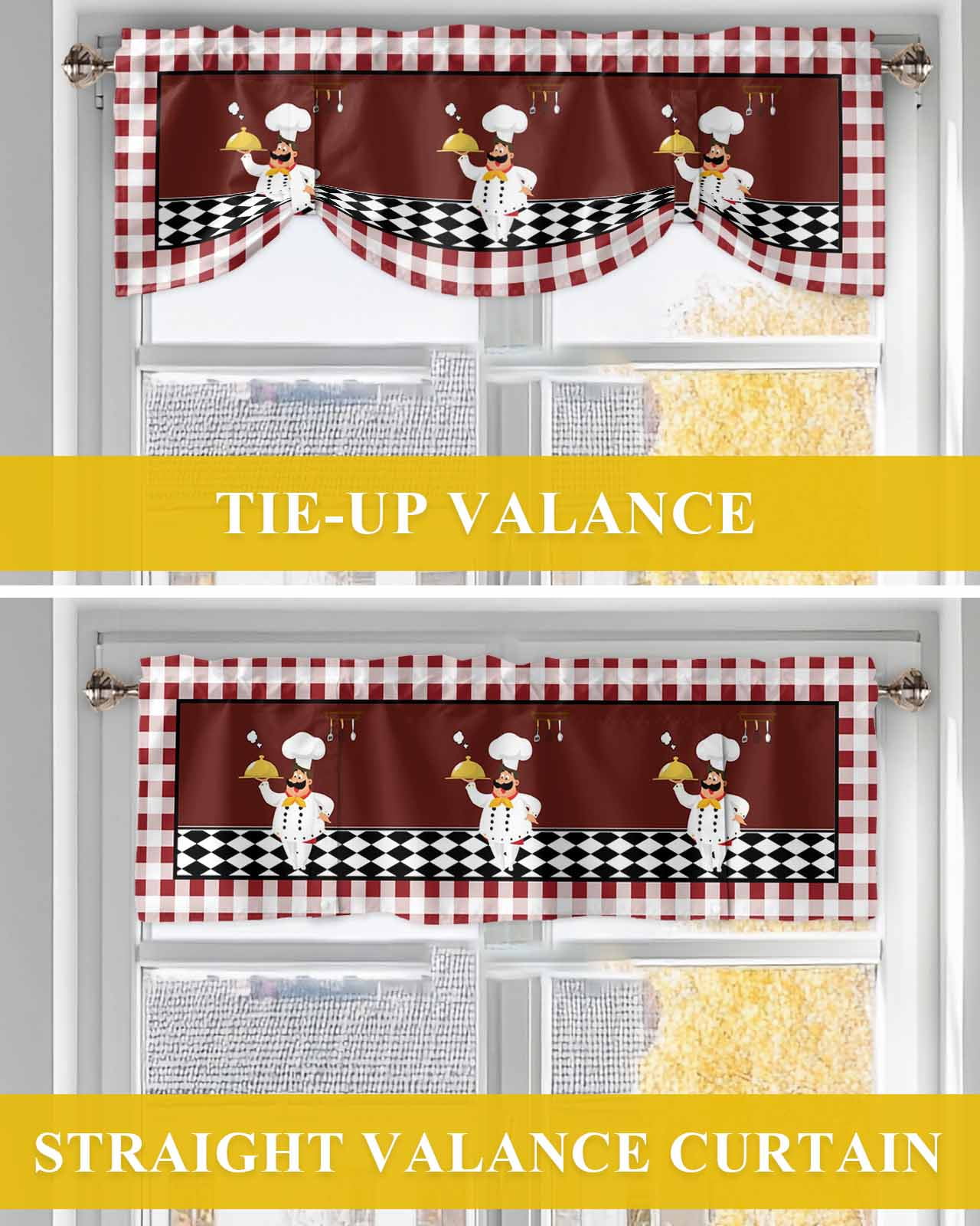 Chef Gourmet Tie Up Valances Curtain, Adjustable Kitchen Red Plaid Kitchen Vintage Farmhouse Valances for Windows Decor, Rod Pocket Short Curtains Set for Bedroom/Bathroom, 60"x18"