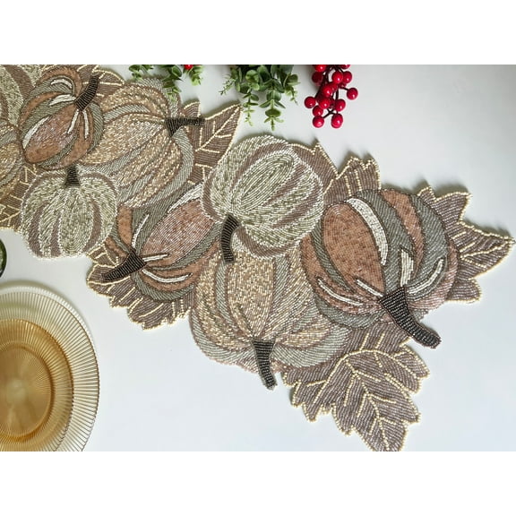 Handmade bead table runner, pumpkin multicolour fall runner, 13x36 inch