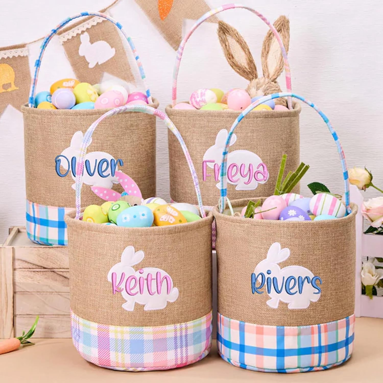 Personalized Easter Basket For Kids, Custom Name Embroidered Bunny Storage Bucket, Rabbit Egg Hunt Tote Bag, Handmade Decor, Baby Shower Birthday Gift