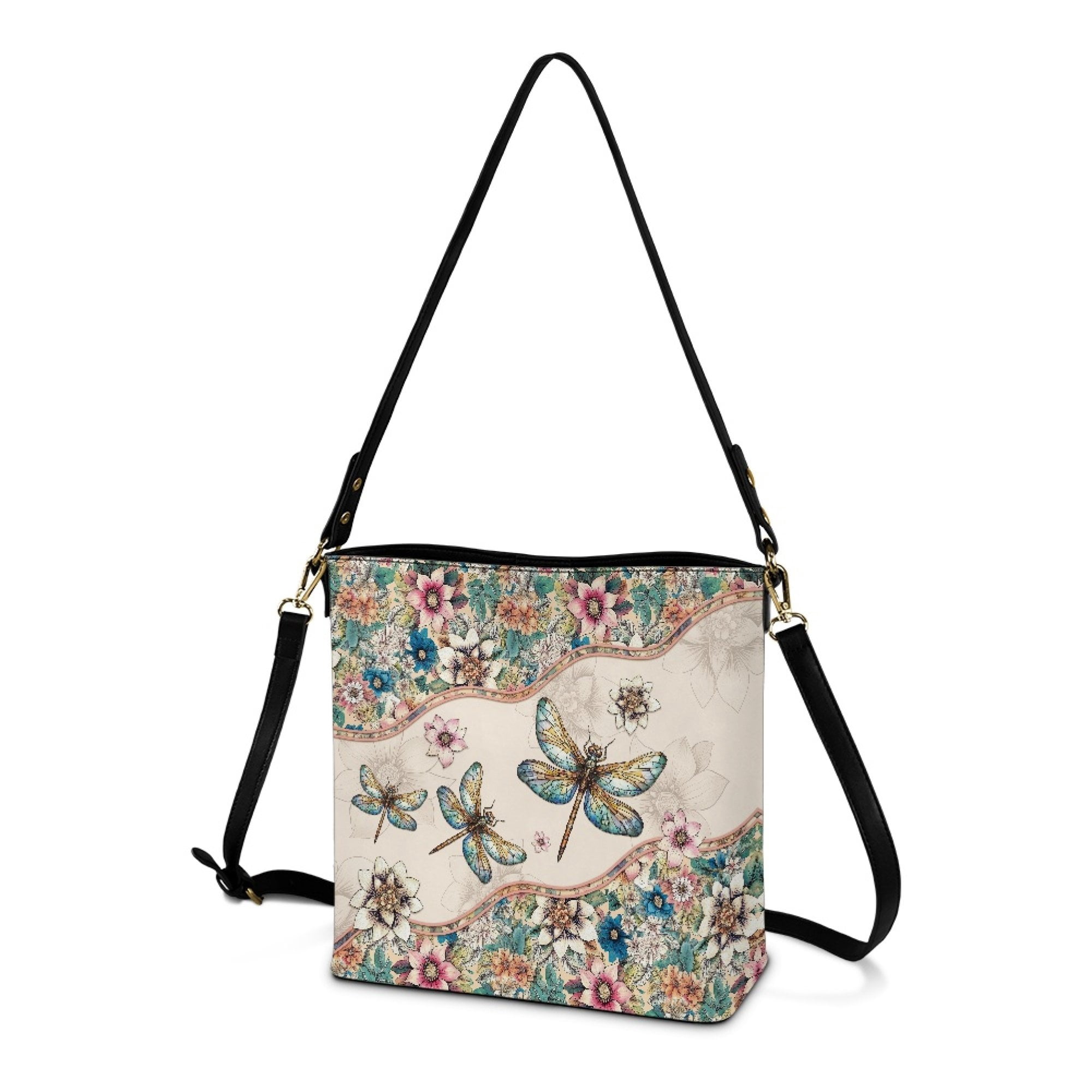 Kuiaobaty Dragonfly Print Crossbody Bag for Women, Flowers Print Leather Shoulder Handbag Crossbody with Adjustable Strap, Ethnic Style Bucket Bag Purse for Travel, Beige