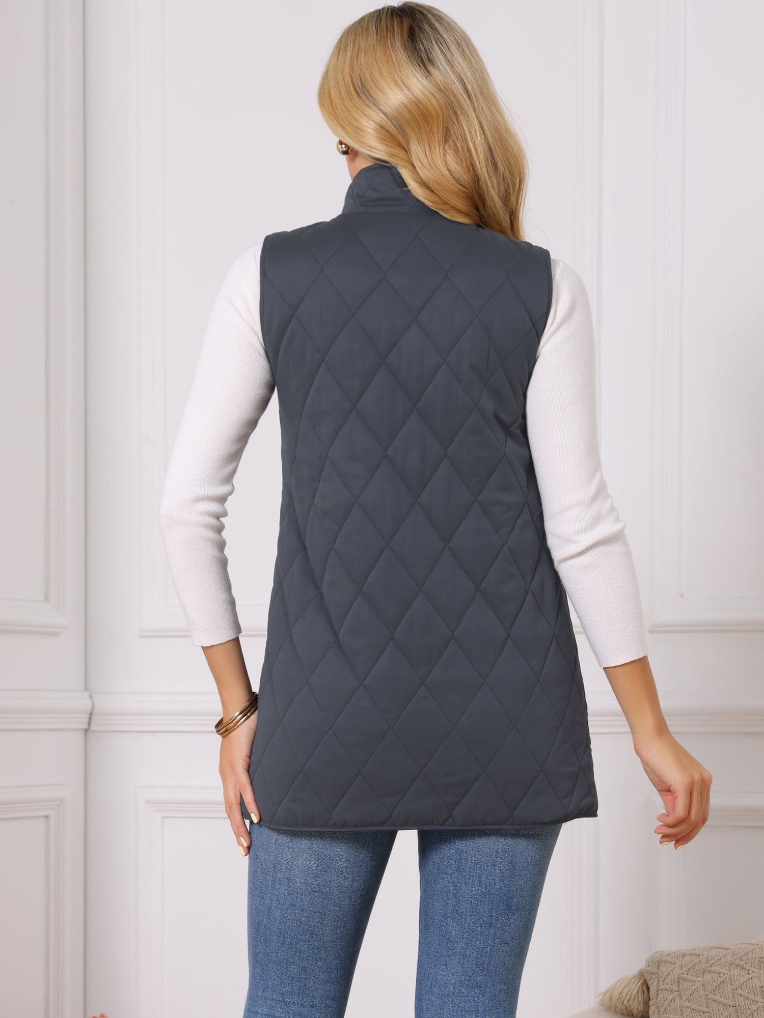 DARING DIVA Women's Stand Collar Sleeveless Puffy Jacket Lightweight Gilet M Dark Blue