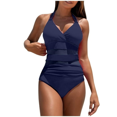 WCMZJ Tummy Control Swimsuits for Women One Piece Halter V Neck Mesh Bathing Suit Sexy Adjustable Strap Swimwear Navy S