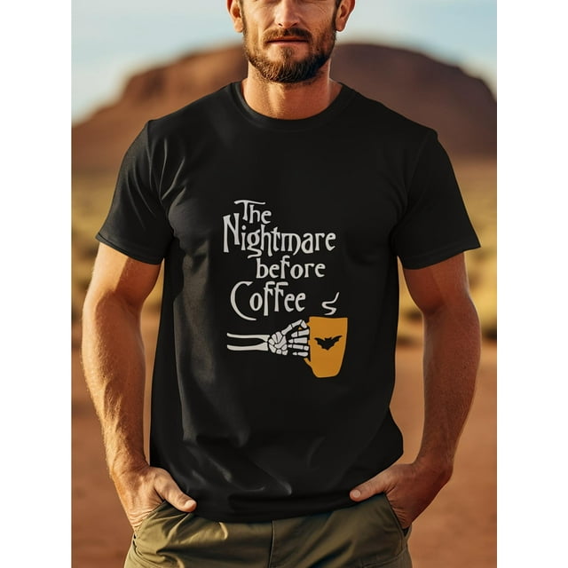 Camiseta de Halloween - Camiseta gráfica "Pesadilla antes del café" para hombre - 100 % algodón, transpirable y cómoda, estilo deportivo informal, manga corta, cuello redondo, diseño de calavera y mur